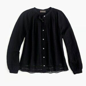 J.Crew Point Sur Black Cotton Peasant Blouse Cotton Gauze Button Front Size S
